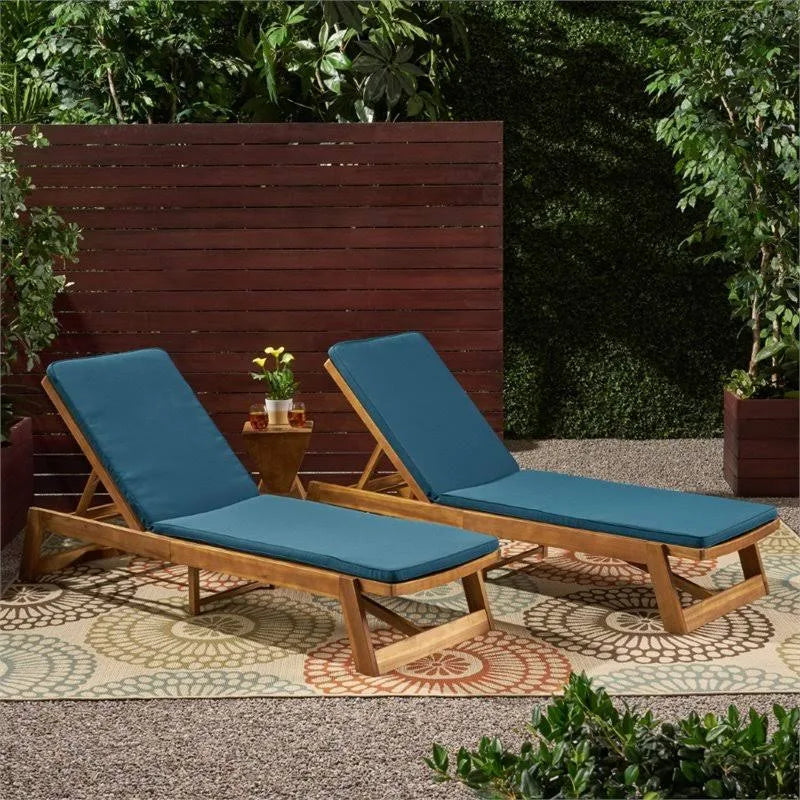 Teak and Blue Acacia Wood Chaise Lounge Set of 2 I48498