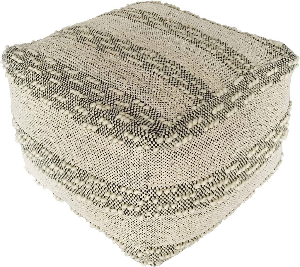 Grey Off/White Woven Striped Cotton Wool Square Pouf H862