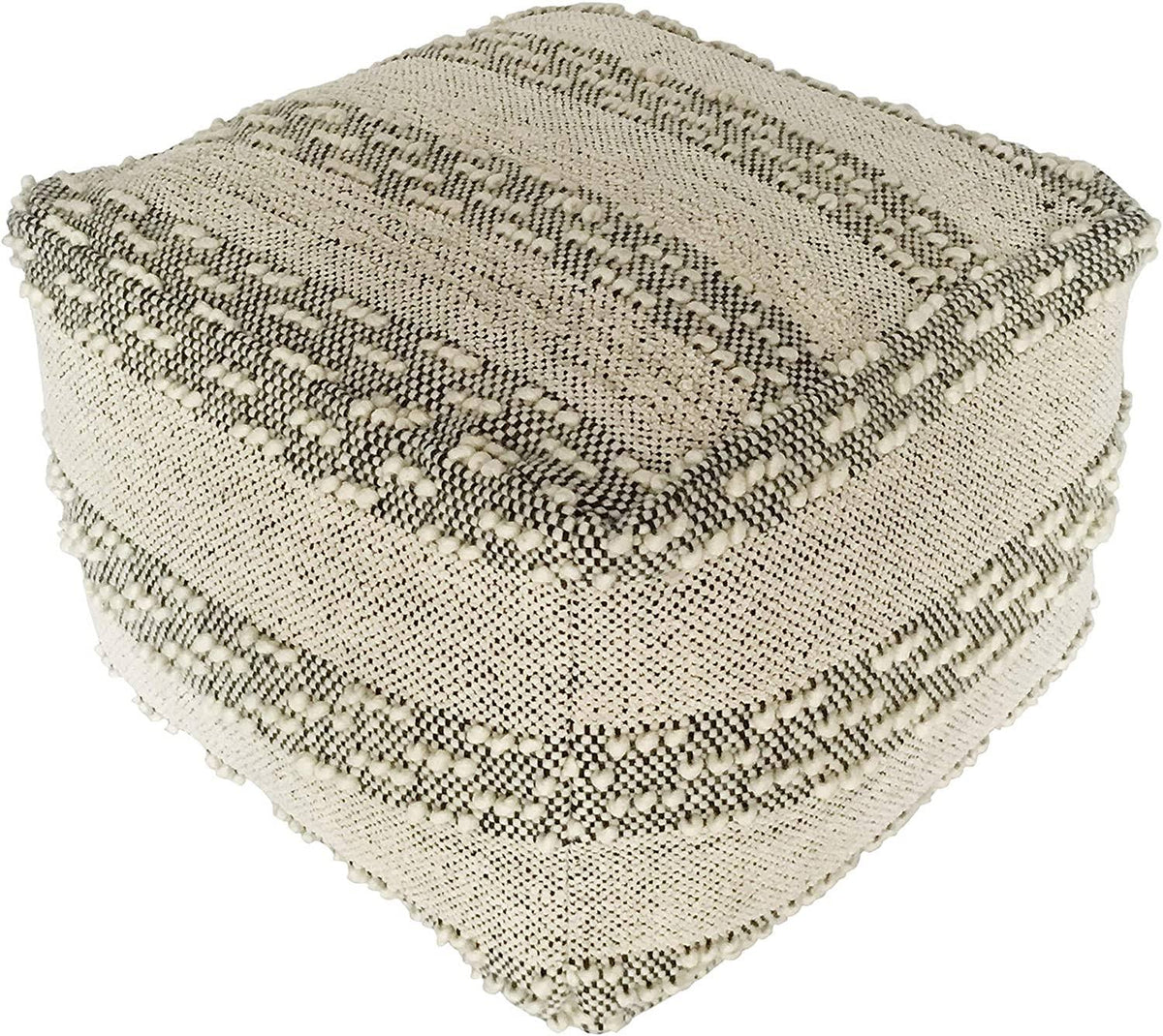 Grey Off/White Woven Striped Cotton Wool Square Pouf H862