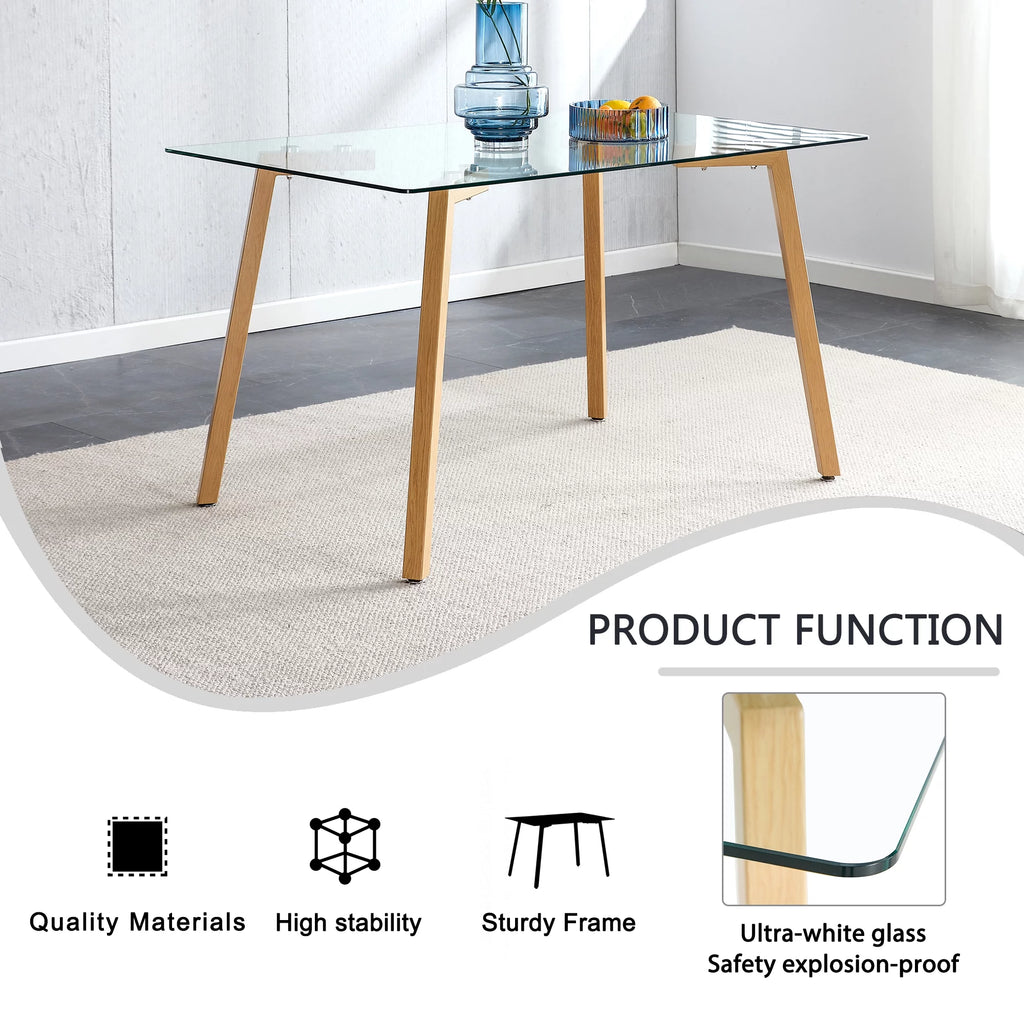 Glass Dining Table Modern Rectangular with Tempered Glass Tabletop and Black Metal Legs R739