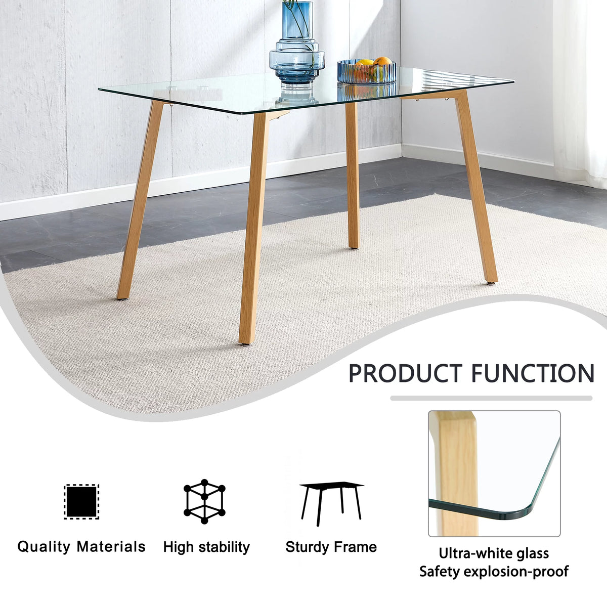 Glass Dining Table Modern Rectangular with Tempered Glass Tabletop and Black Metal Legs R739