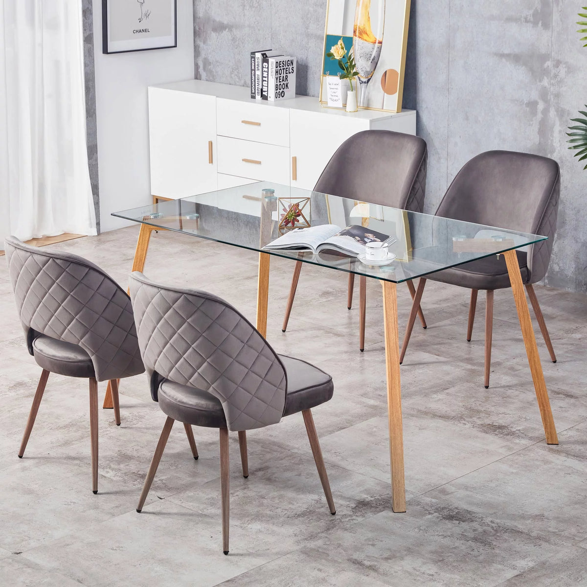 Glass Dining Table Modern Rectangular with Tempered Glass Tabletop and Black Metal Legs R739