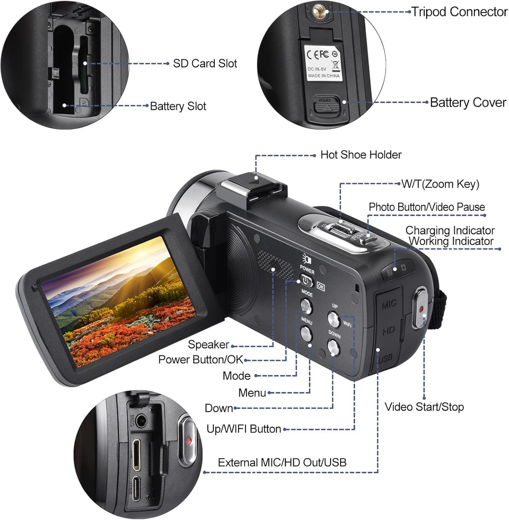 4K 48MP 3.0 Inch IPS Touch Screen Camcorder with Microphone and 2 Batteries (Black) X208455