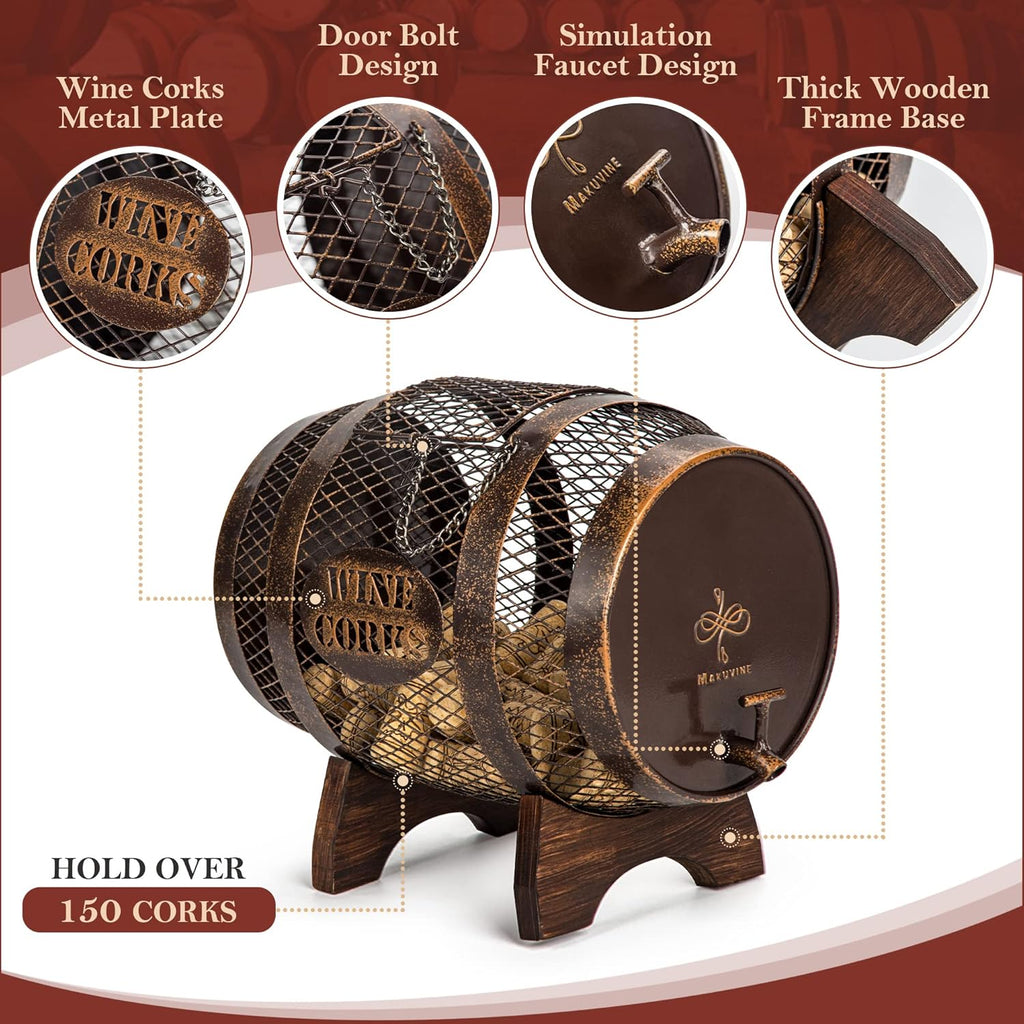 Rustic Metal Large Barrel Wine Cork Holder Display On Wooden Stand N2245