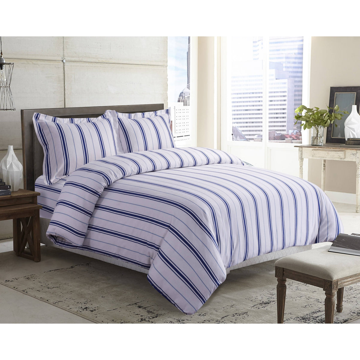 Black Grey Stripe Printed Flannel Duvet Cover Set King F813964