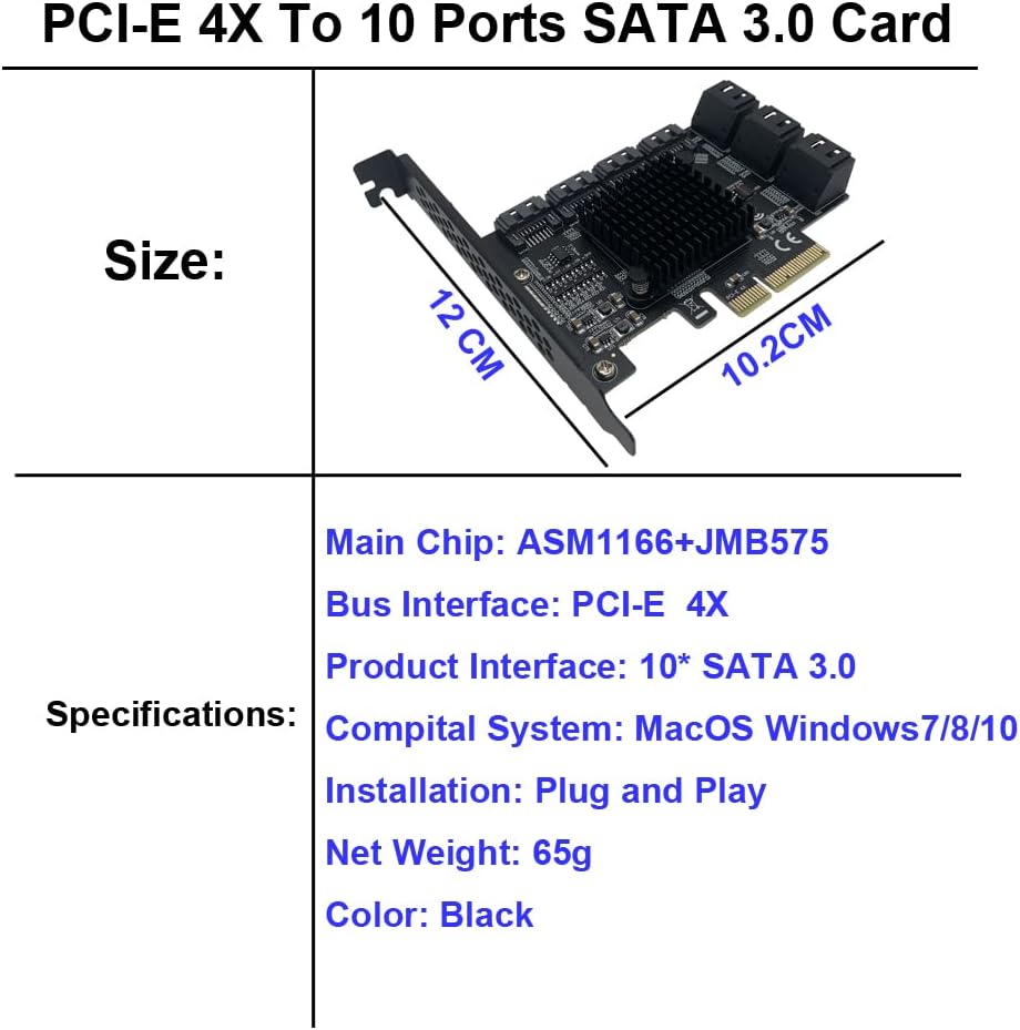 PCIe x4 to SATA 3.0 6Gbps Expansion Card with 10 SATA Cables and Low Profile Bracket K114
