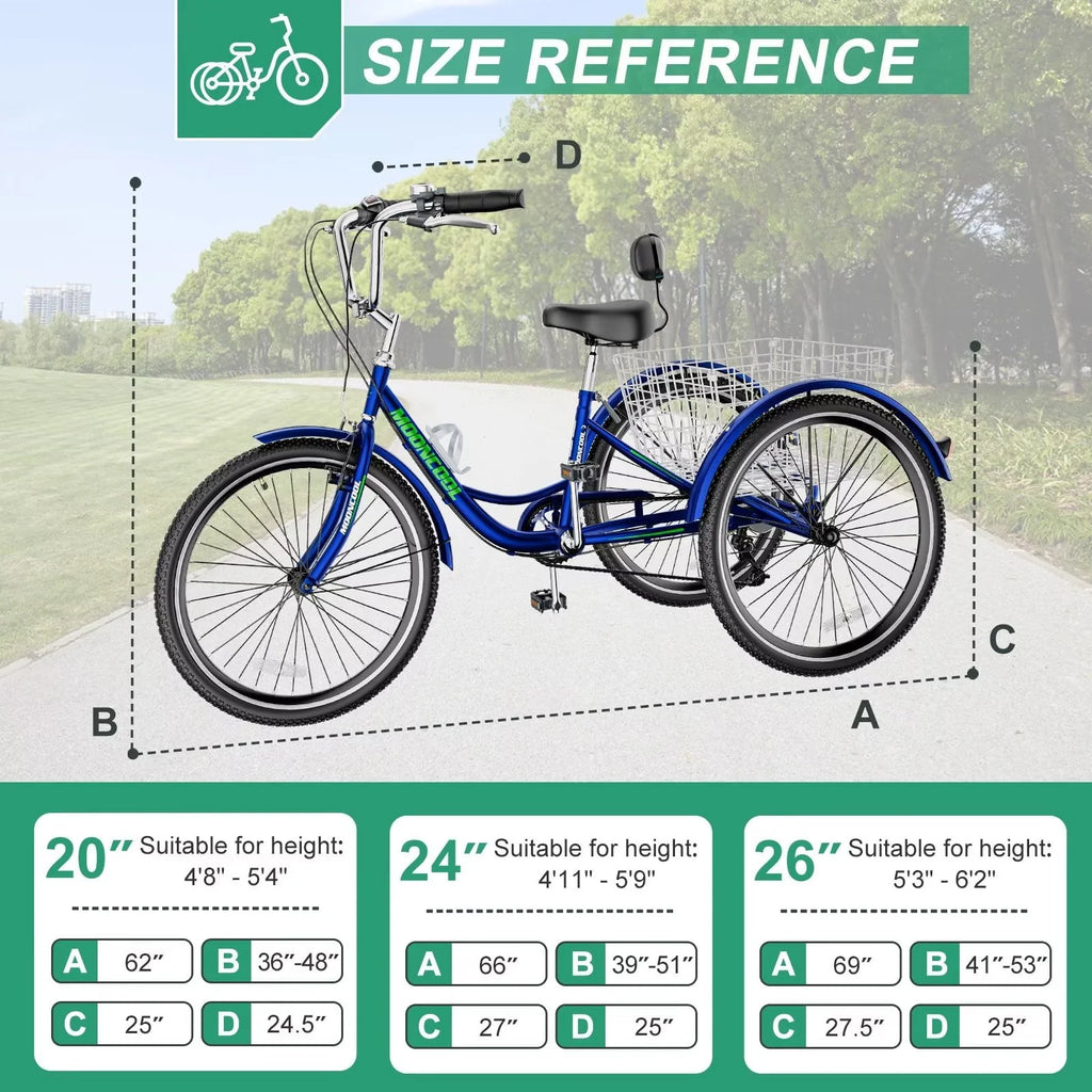 Cyan 26 inch 7-Speed Adult Tricycle with Basket A307