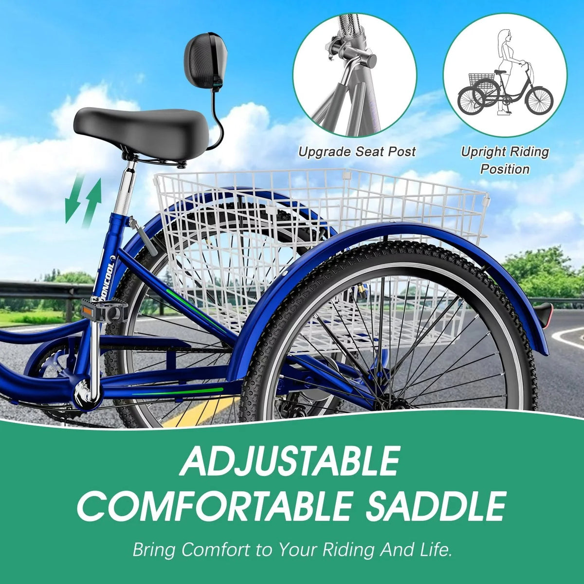 Cyan 26 inch 7-Speed Adult Tricycle with Basket A307