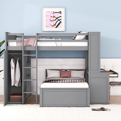 Twin Size Loft Bed with Built-in Desk & Wardrobes, Wood Bedframe with 4 Drawers & 4 Shelves, Gray I872030