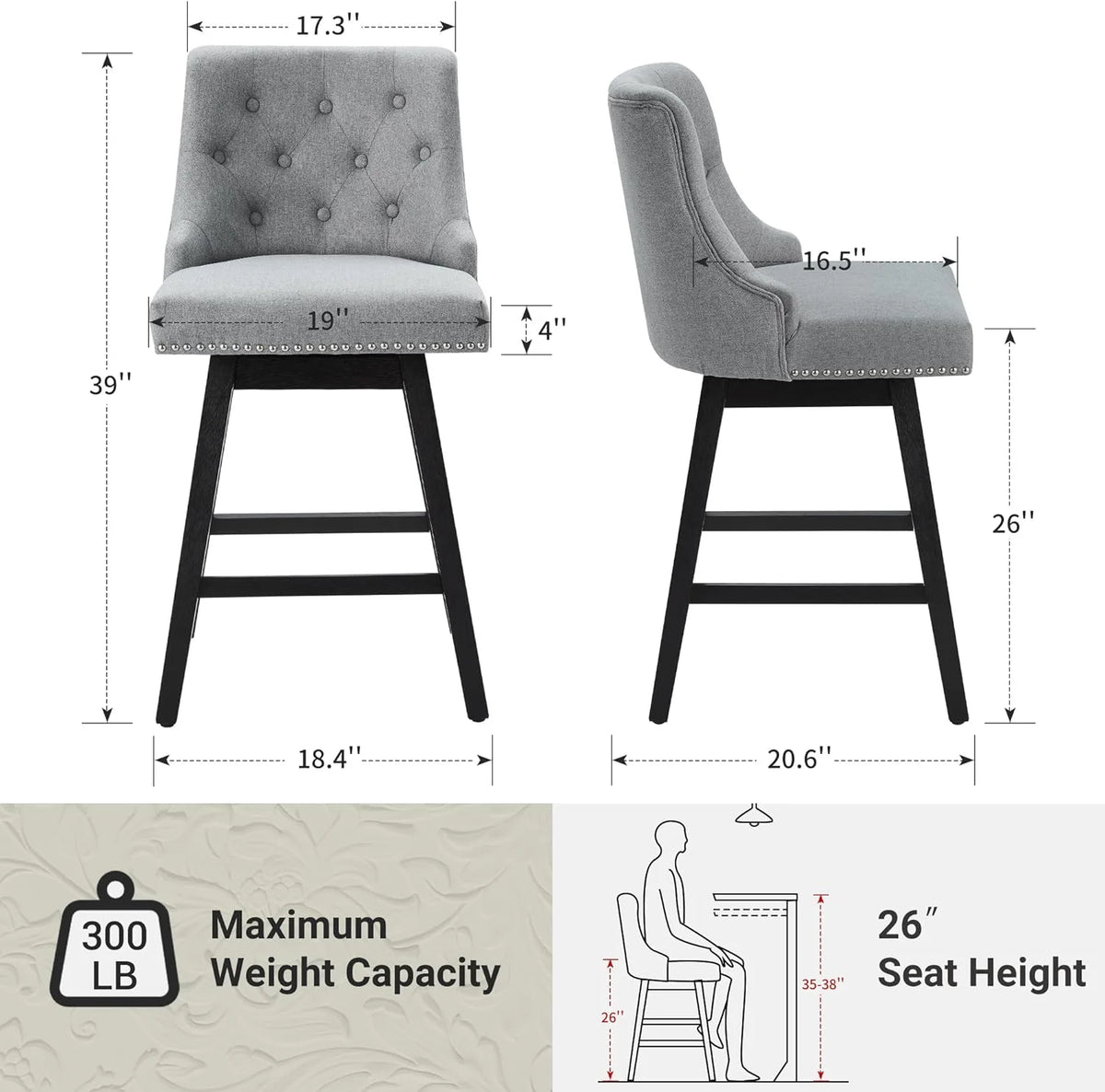 Grey 26” Upholstered Bar Stools Set of 4 with Wood Legs B326