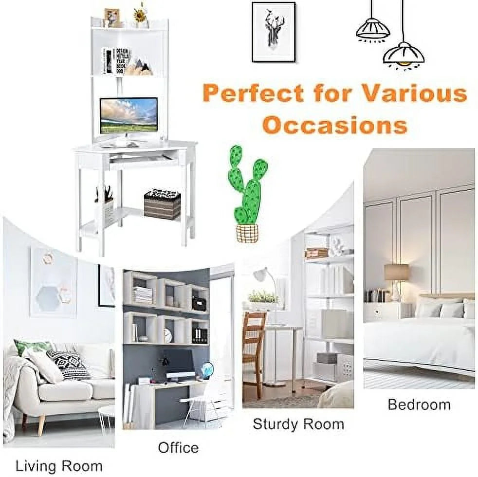 White Corner Computer Desk with Hutch and Shelves G89325