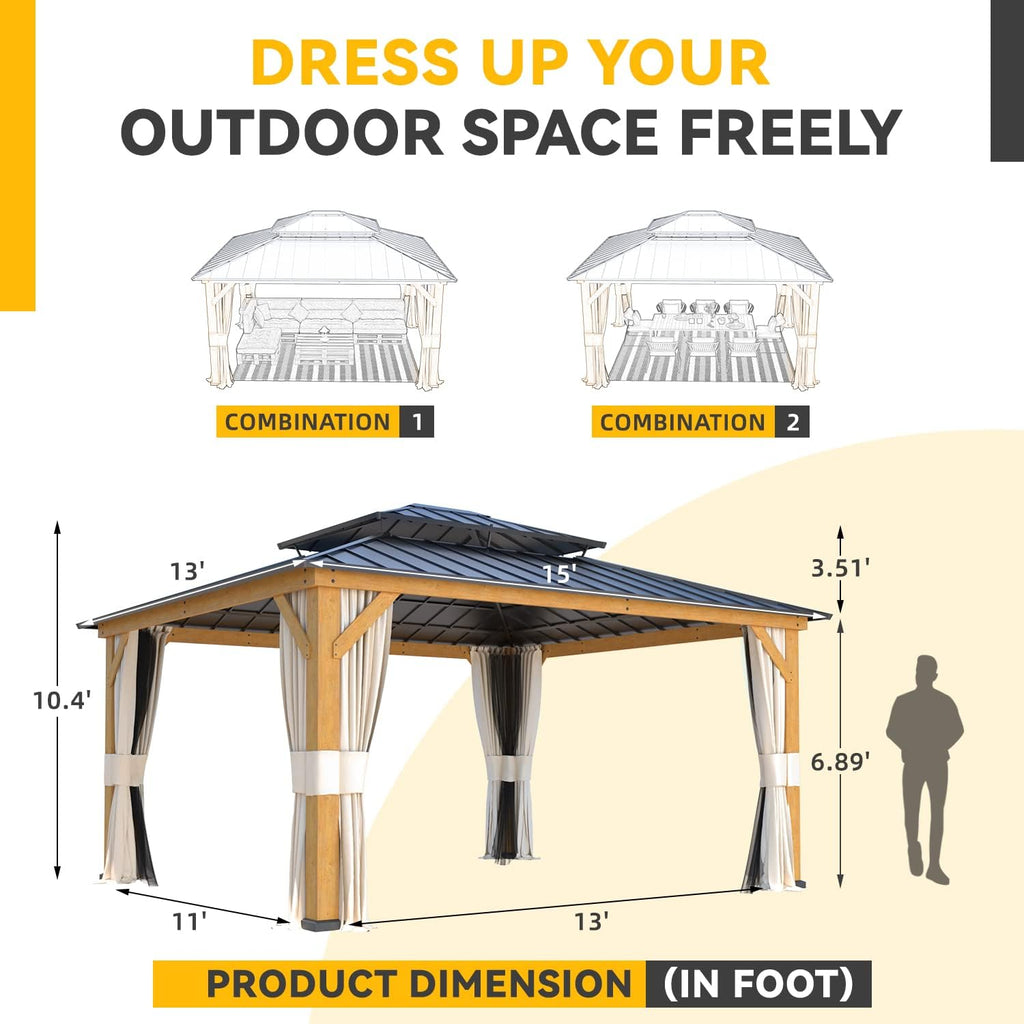 13'x15' Wood Gazebo with Netting and Curtains A873