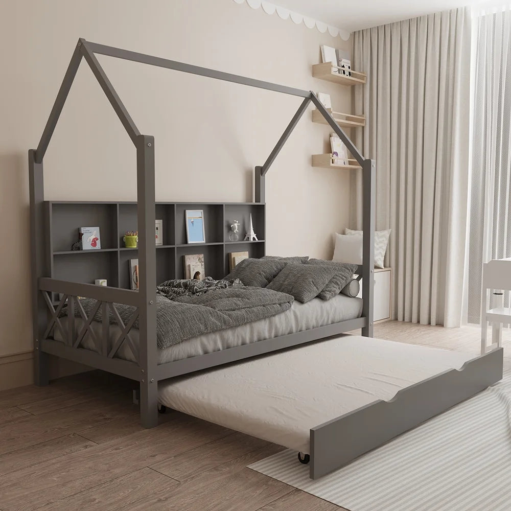 Twin House Bed with Trundle and Storage Shelve F524948