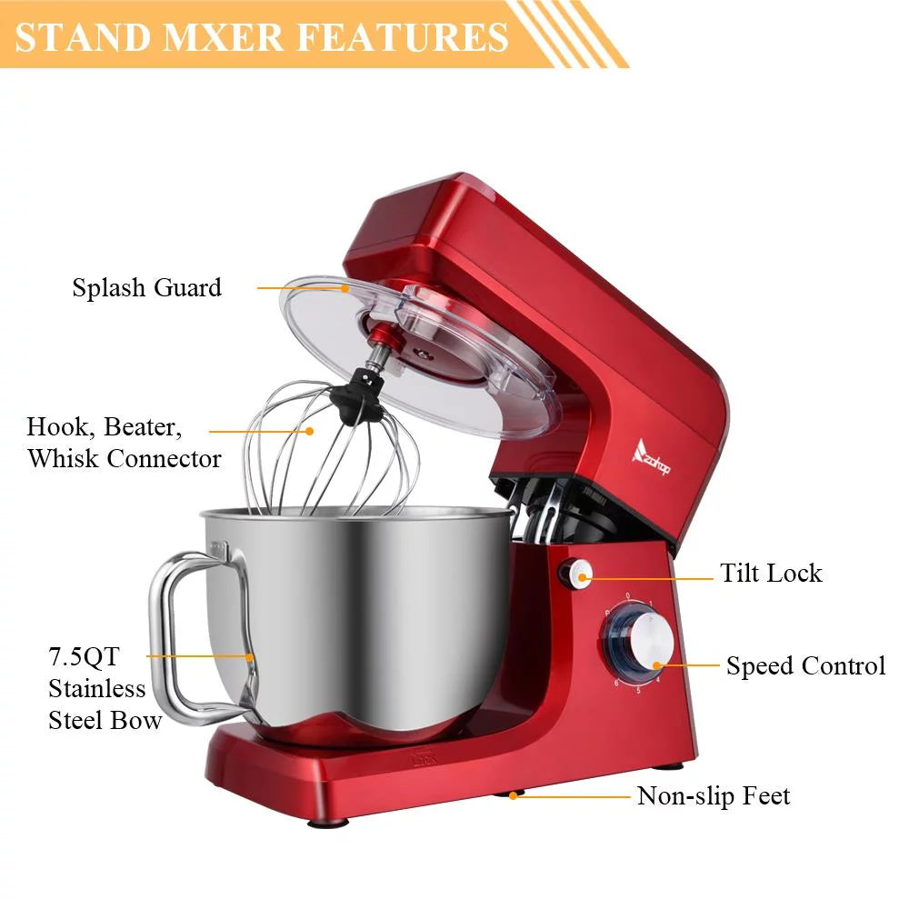 Red 6 Speed Control 7.5QT Electric Stand Mixer with Stainless Steel Bowl L999