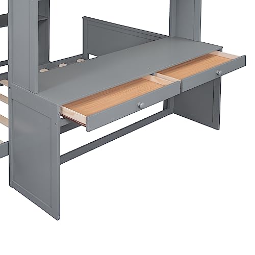 Twin Size Loft Bed with Built-in Desk & Wardrobes, Wood Bedframe with 4 Drawers & 4 Shelves, Gray I872030