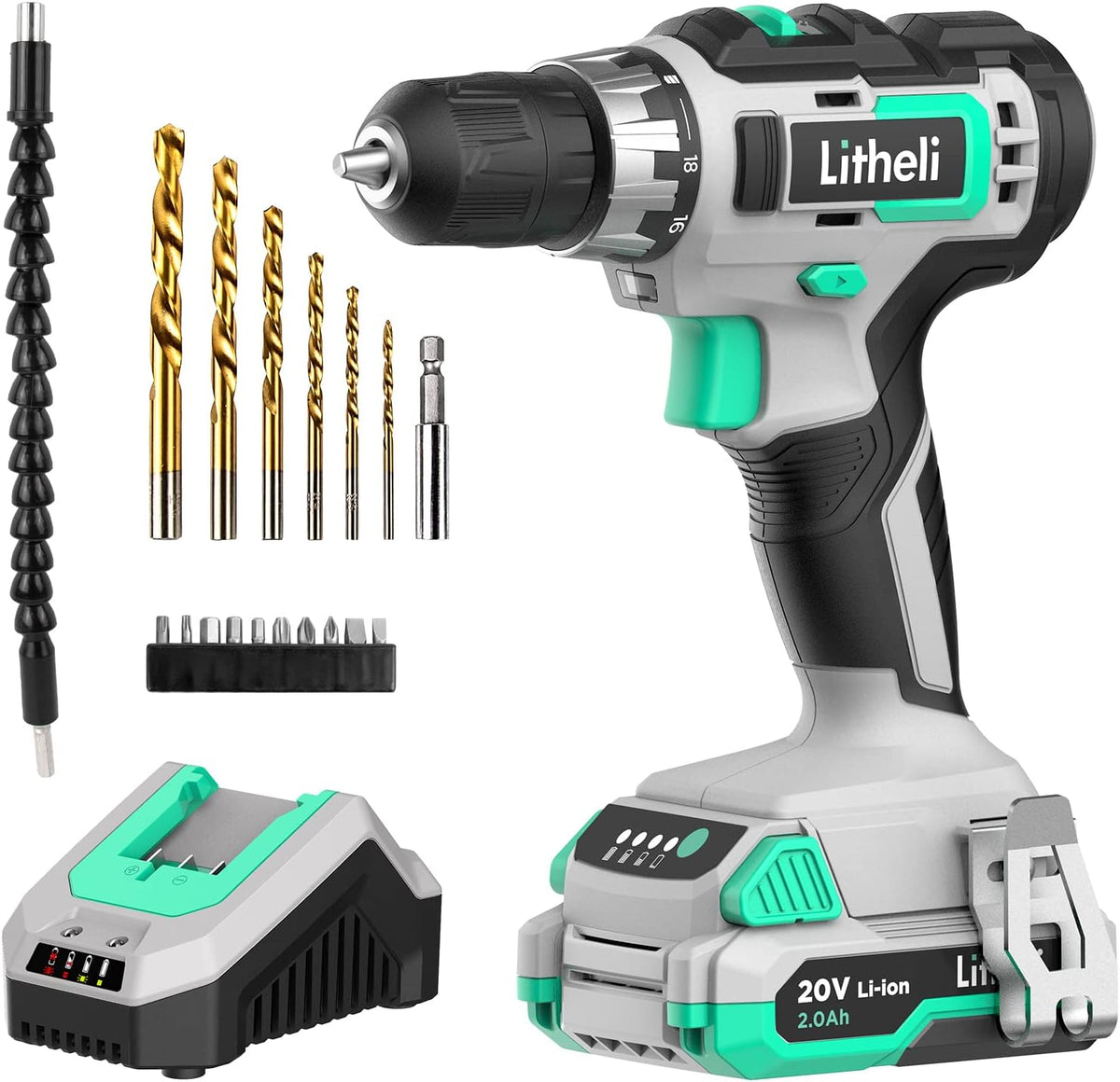 20V Cordless Drill and Impact Driver Combo Kit with 2 Pcs 2.0 Ah Battery and Fast Charger V923145