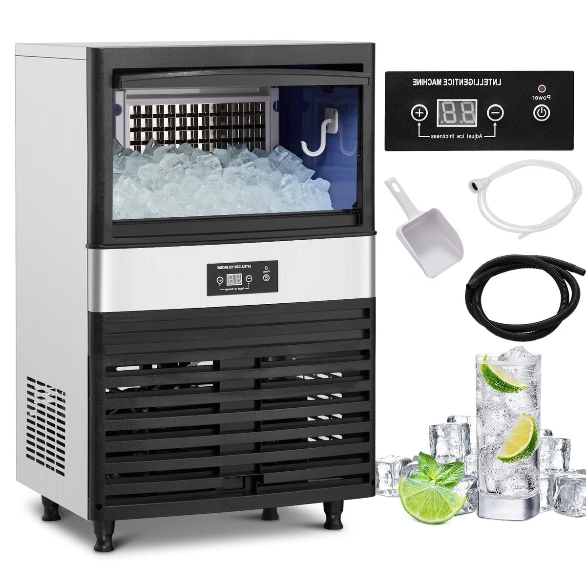 Commercial Ice Maker Machine, Under Counter, 110lbs in 24Hrs, 33lbs Storage Capacity A47593