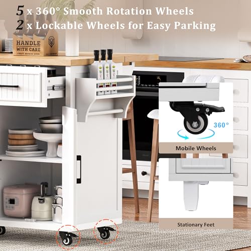 56.5" Rolling Kitchen Island with Drop Leaf, Power Outlet, 4 Doors, 5 Drawers, Black F3016