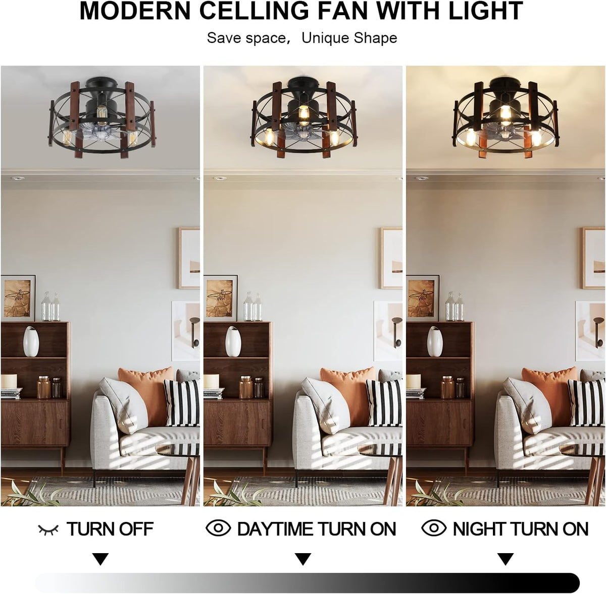 Industrial Ceiling Fan with Light Remote Control Metal Caged Wood Black Enclosed J436420