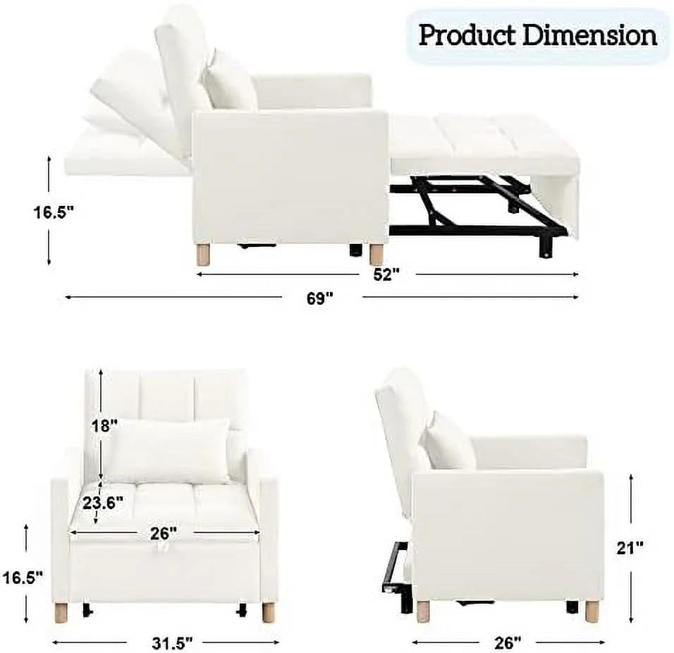 Convertible Chair Sleeper Velvet Adjustable Single Sofa Bed with Lumbar R844806