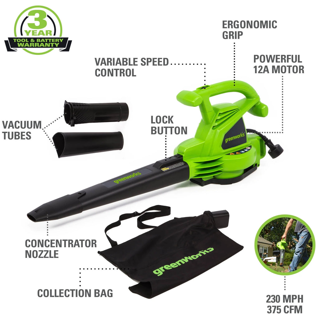 12 Amp 375 CFM Corded Electric Leaf Blower/Mulcher/Vacuum N93348