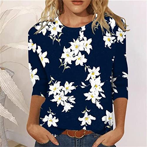 Womens 3/4 Sleeve Ethnic Floral Blouse Slim Fit Crewneck Pullover Tees H353882