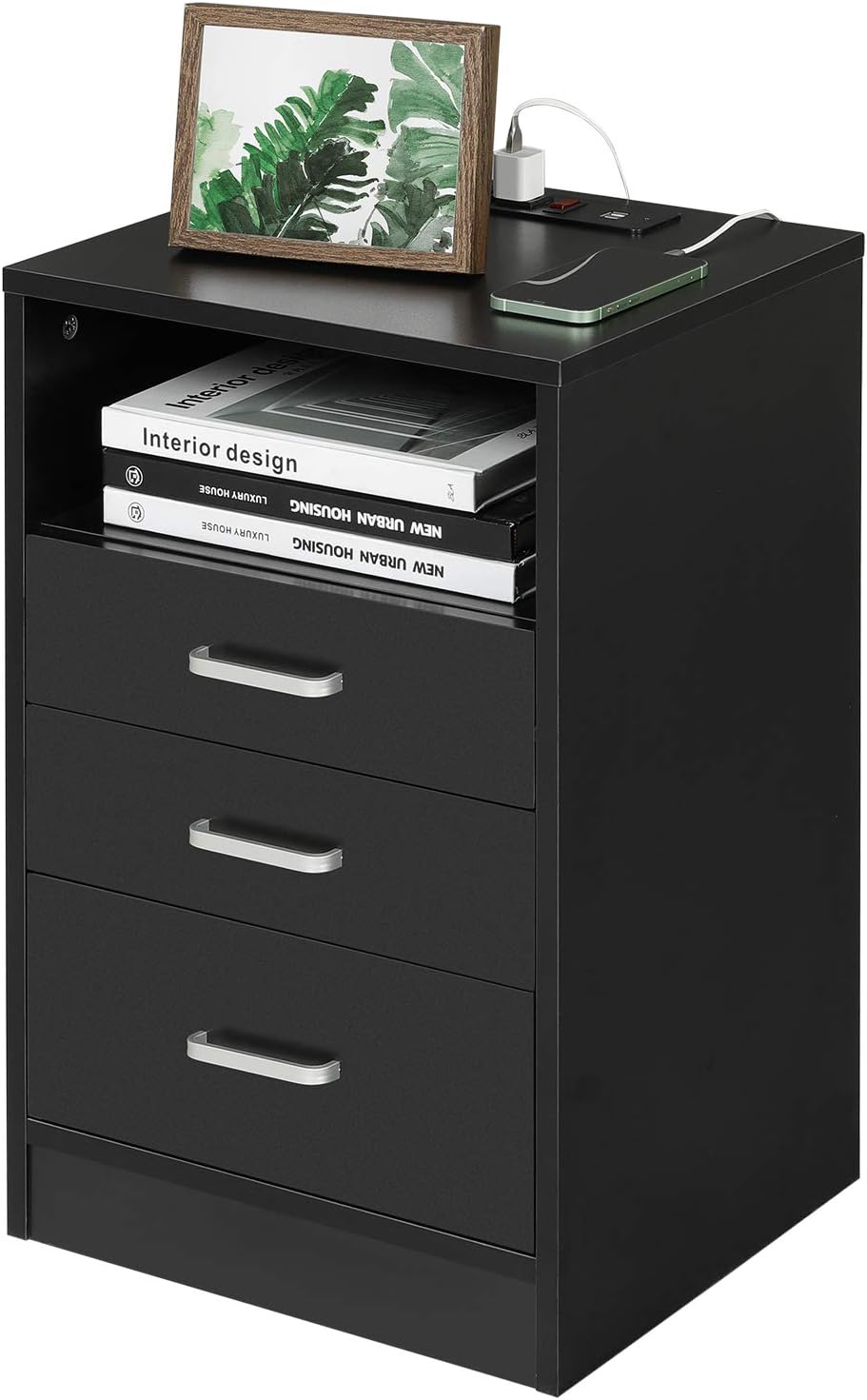 Black 3 Drawer Wood Nightstand with USB Port W9631