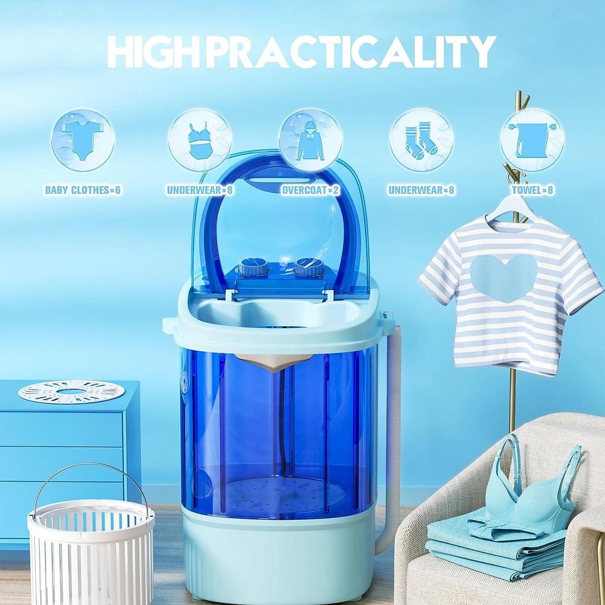 Portable Mini Washing Machine 5.7 lbs 2 in 1 Washer with Drain Hose, Blue G999405