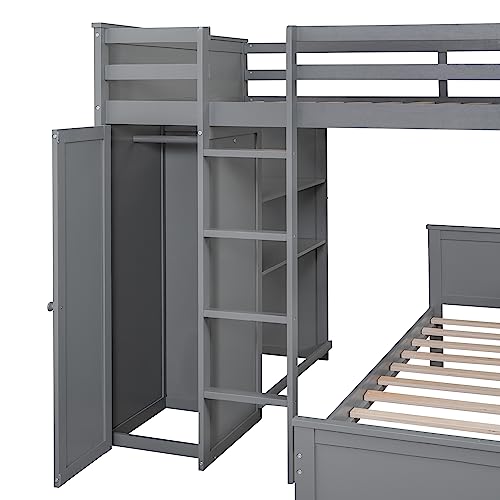 Twin Size Loft Bed with Built-in Desk & Wardrobes, Wood Bedframe with 4 Drawers & 4 Shelves, Gray I872030