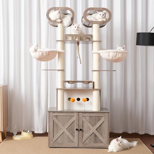 76.8-inch Wooden Cat Tree with Litter Box Enclosure and Scratching Post D295