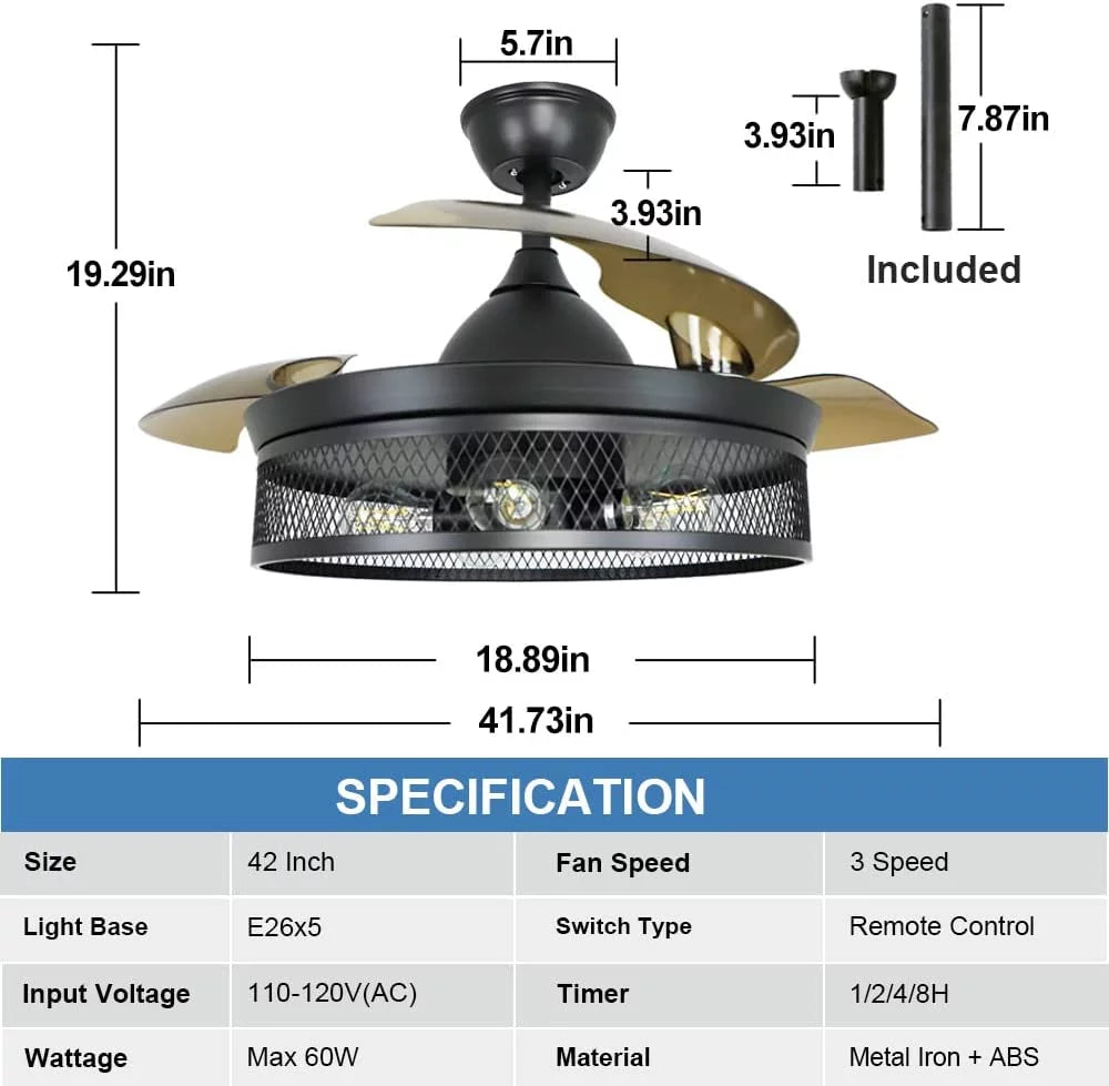 42" Invisible Ceiling Fan with Light and Remote M1964