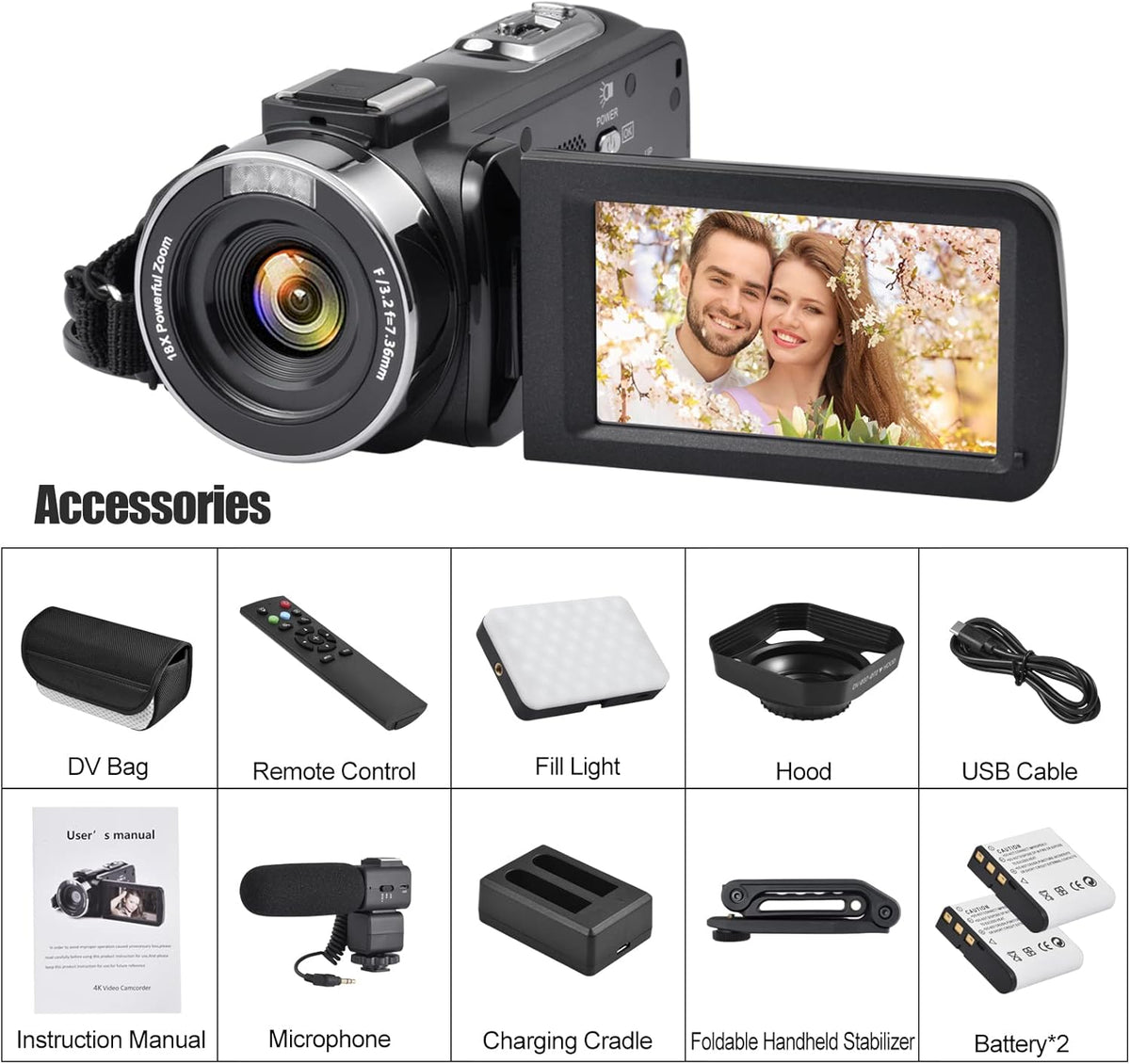 4K 48MP 3.0 Inch IPS Touch Screen Camcorder with Microphone and 2 Batteries (Black) X208455