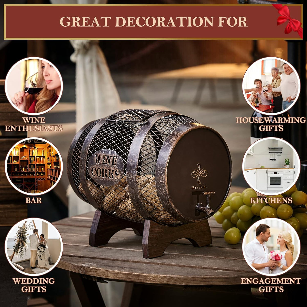 Rustic Metal Large Barrel Wine Cork Holder Display On Wooden Stand N2245