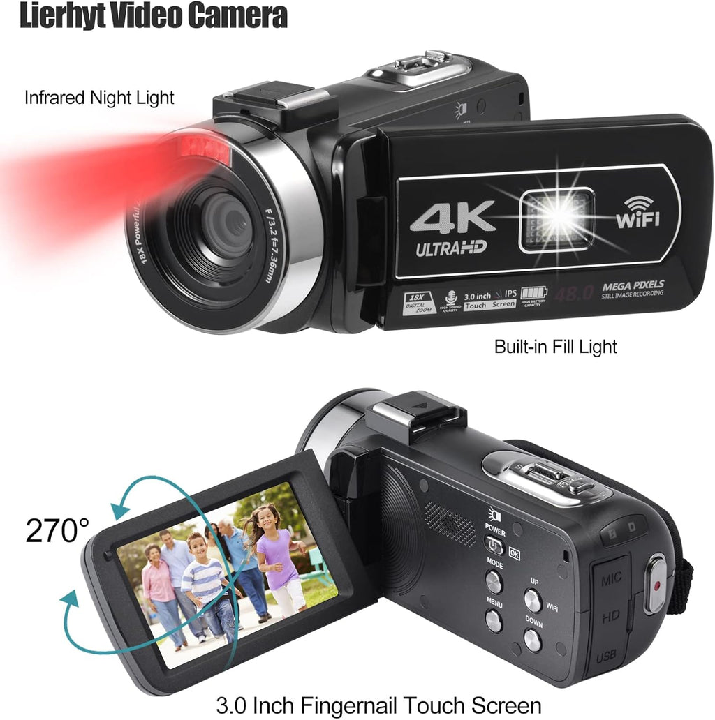 4K 48MP 3.0 Inch IPS Touch Screen Camcorder with Microphone and 2 Batteries (Black) X208455