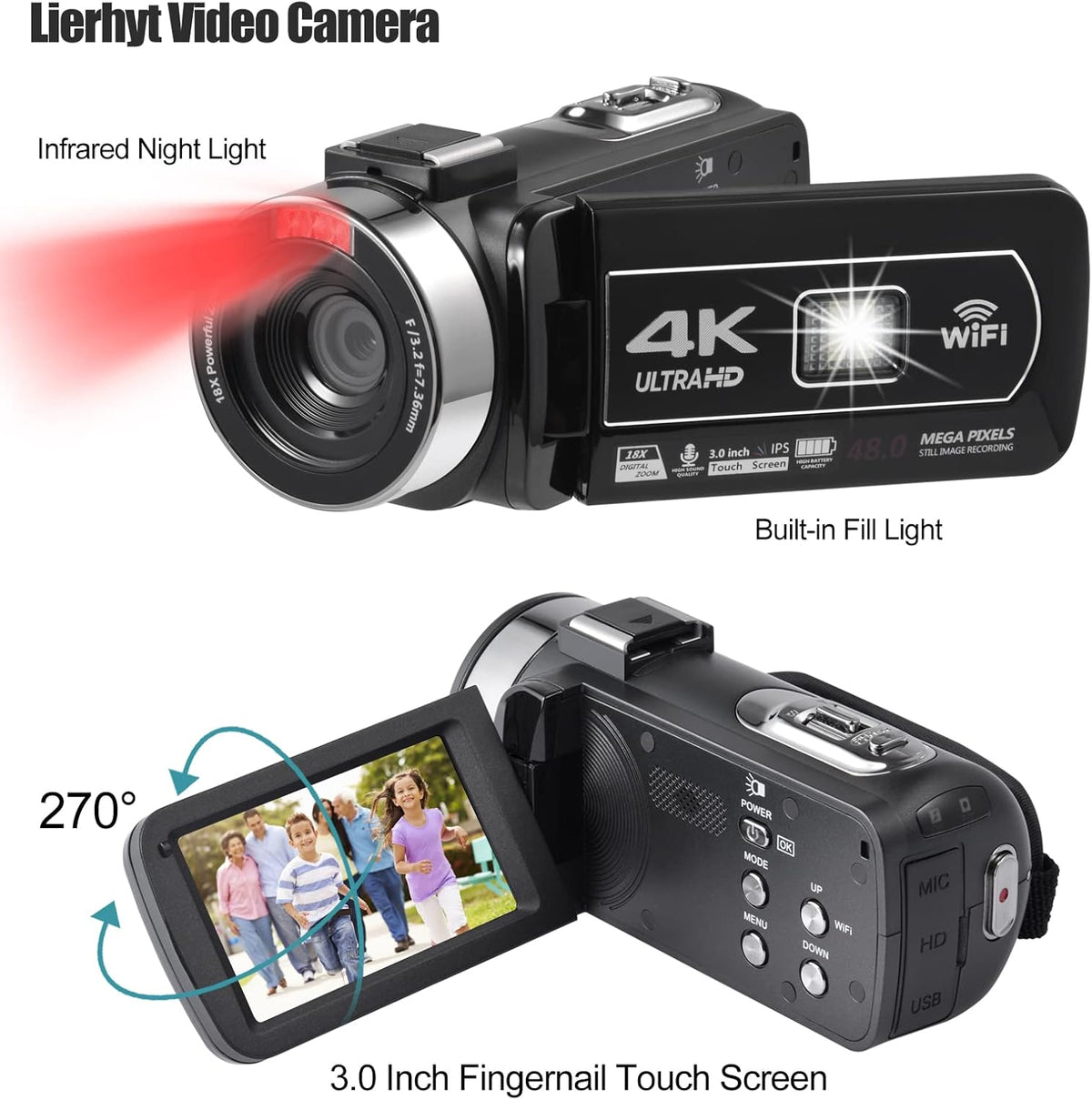 4K 48MP 3.0 Inch IPS Touch Screen Camcorder with Microphone and 2 Batteries (Black) X208455