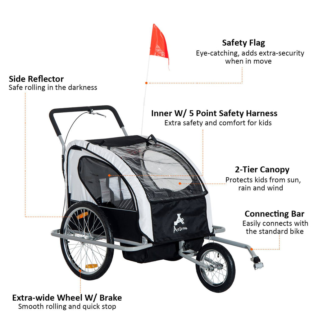 2in1 Double Child Bike Trailer and Stroller - Black T119