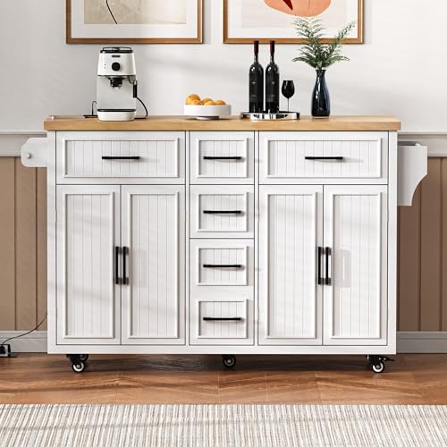 56.5" Rolling Kitchen Island with Drop Leaf, Power Outlet, 4 Doors, 5 Drawers, Black F3016