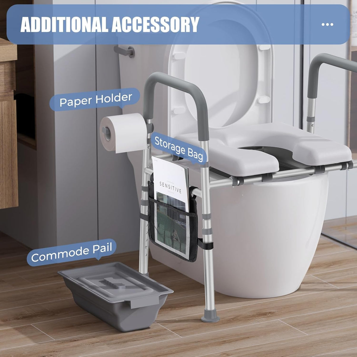 Raised Toilet Seat with Handles, Heavy Duty 400lb Adjustable Toilet Seat with Safety Frame F1925