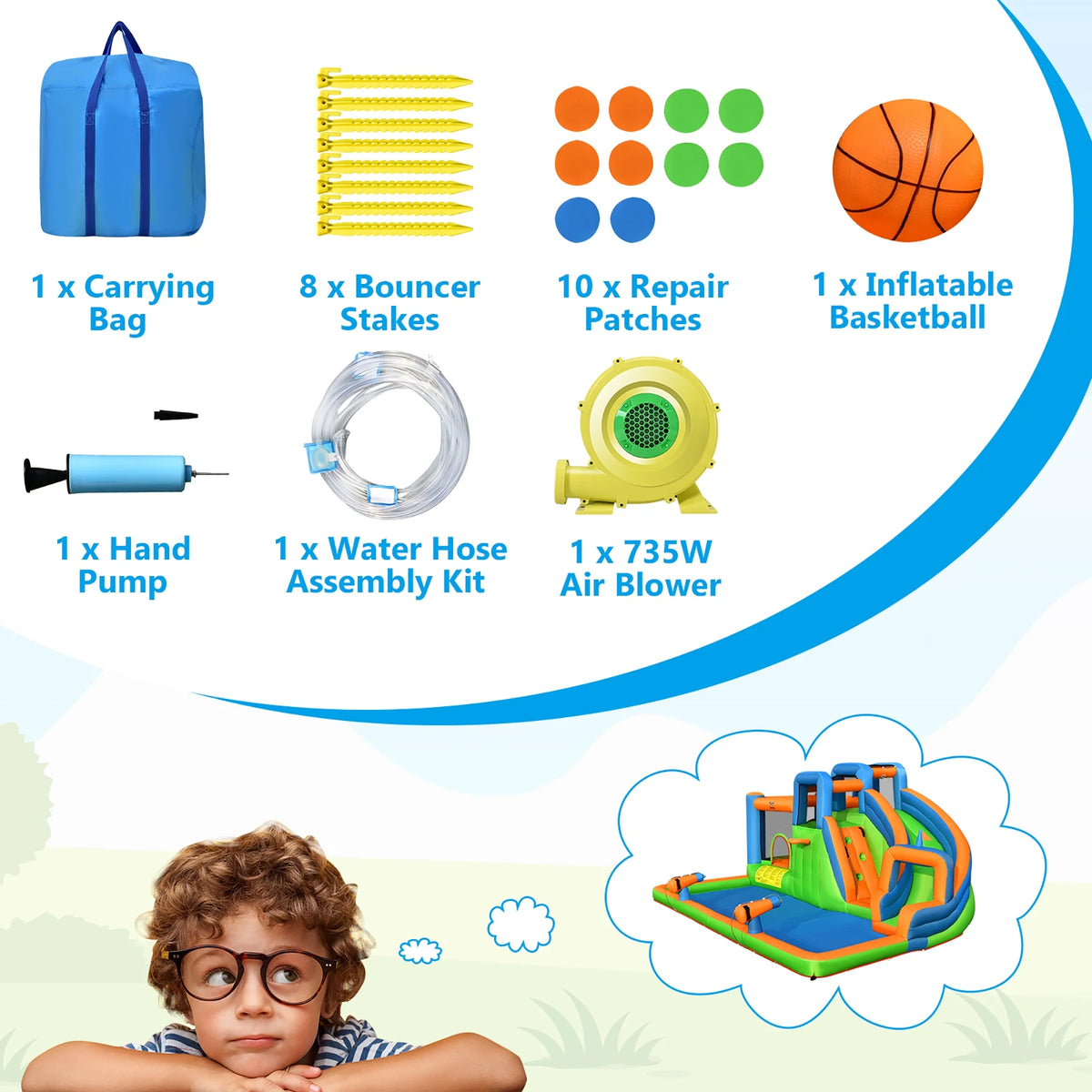Inflatable Water Slide Bounce Castle with Dual Climbing Walls and 735W Blower W92393