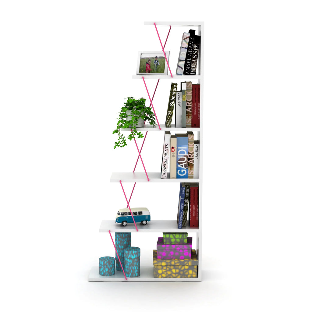 Modern 5 Tier Ladder Bookshelf, White/Pink X21306