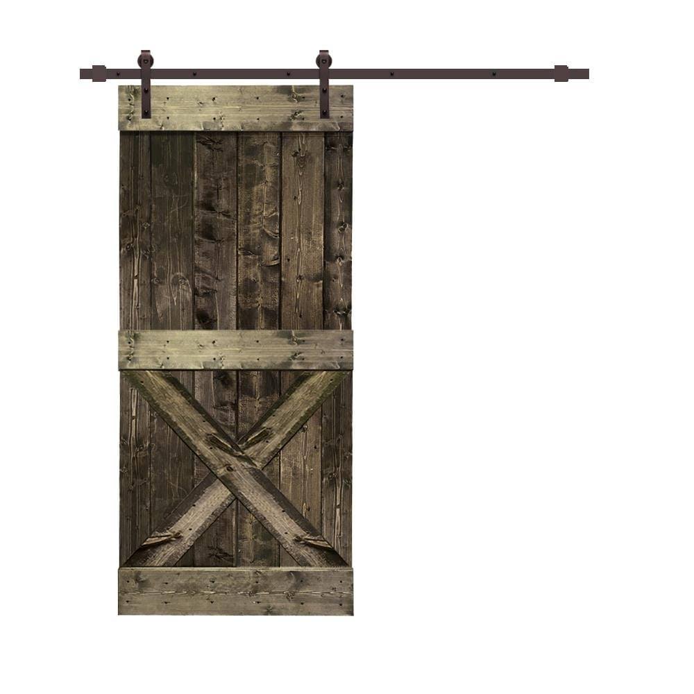 36 in. x 84 in. Distressed Espresso Stained Solid Knotty Pine Wood Interior Sliding Barn Door with Hardware Kit R211
