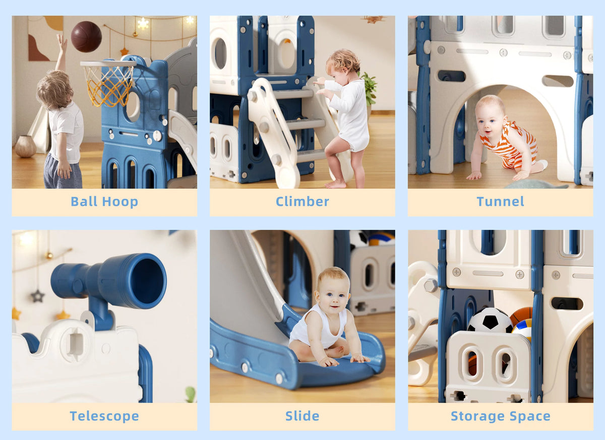 8 in 1 Toddler Slide with Climber, Basketball Hoop, Tunnel and Storage Space Q13256