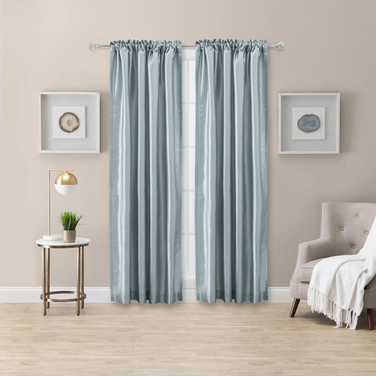 Blue 100x84" Faux-Silk Rod Pocket Curtain Pairs U191465