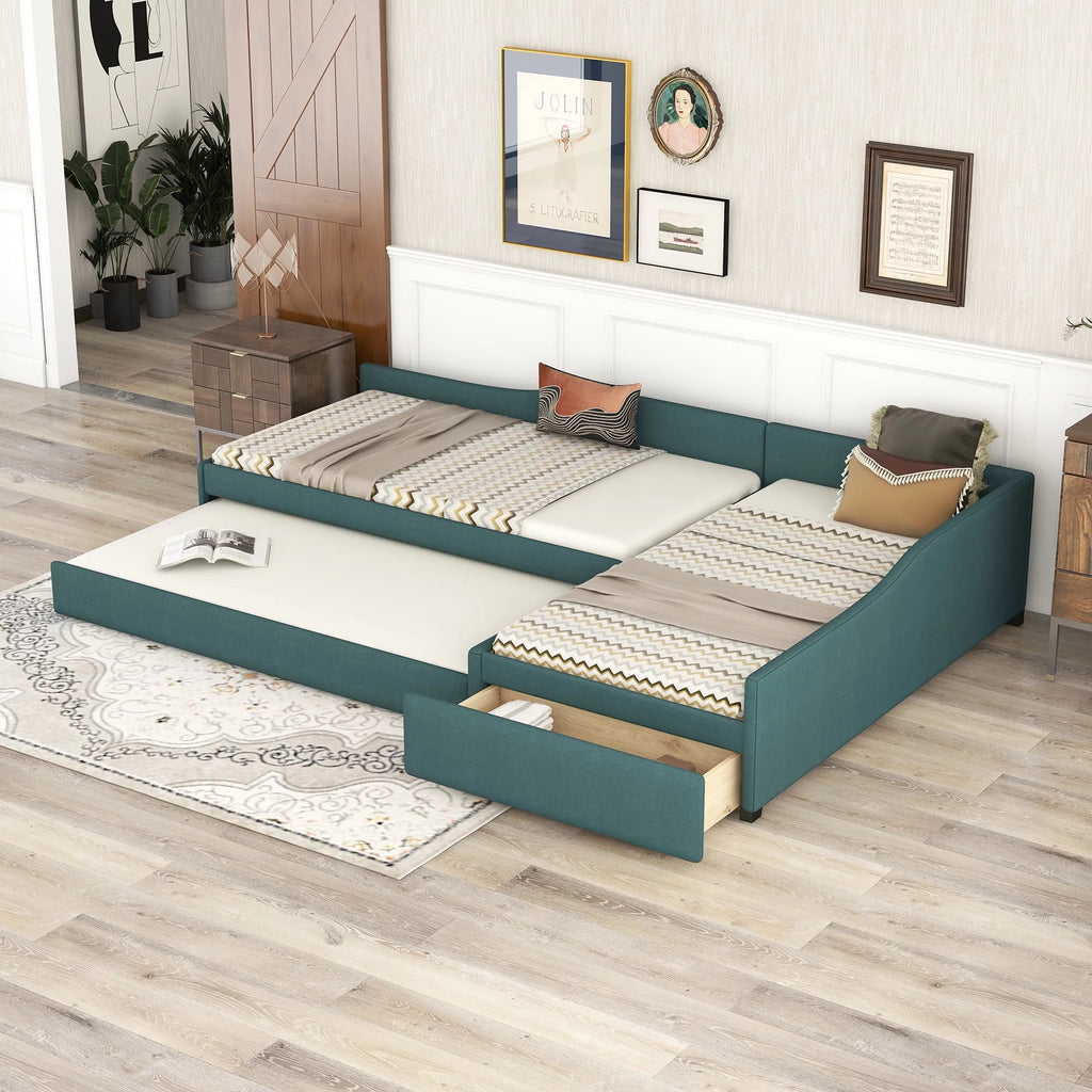 Green Upholstered Twin Size Daybed with Trundle and Drawer D102012
