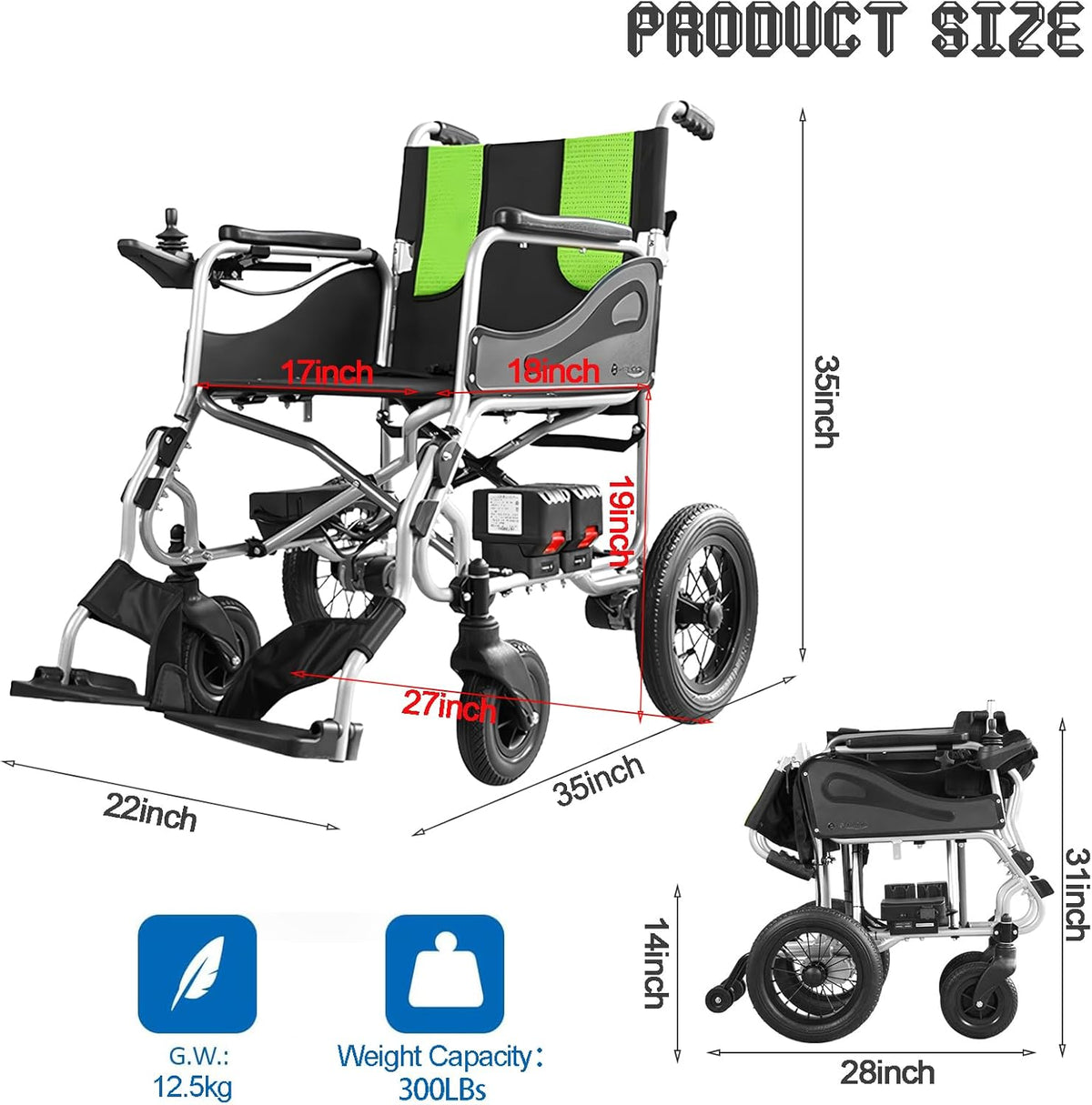 Ultra Lightweight Foldable Electric Wheelchair 30Lbs 5.2AH 2X250w H489