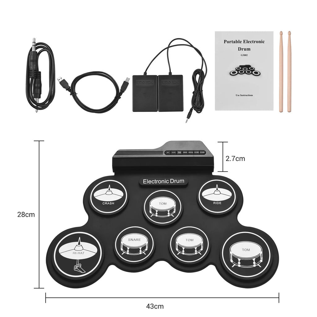 Compact USB Silicon Drum Set with 7 Drum Pads Drumsticks Foot Pedals L116