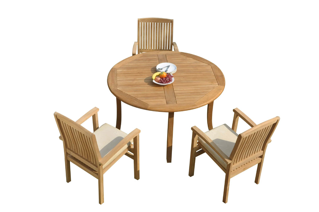 Grade-A Teak 4 Pc Dining Set with 52" Round Table and 3 Stacking Arm Chairs W8012