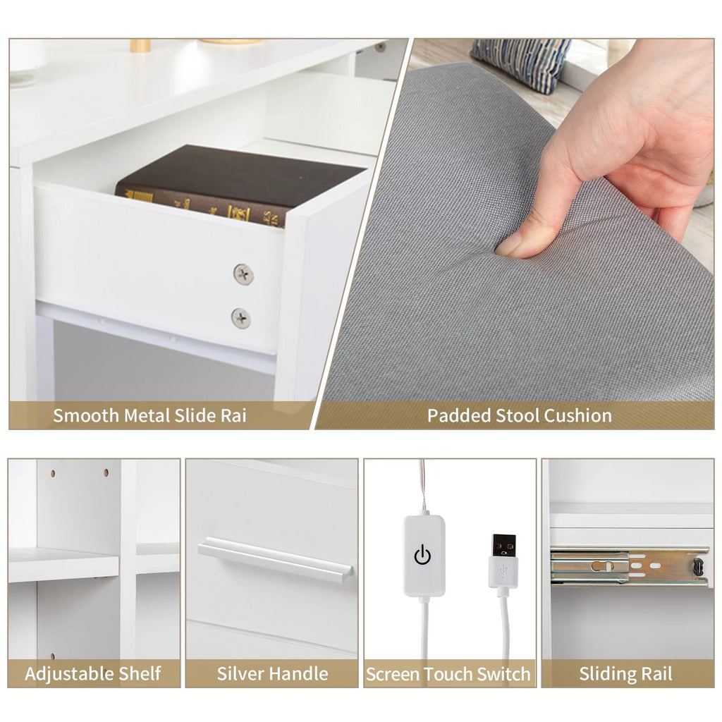 Modern Vanity Table Set with Lighted Mirror, 5 Drawer White A612