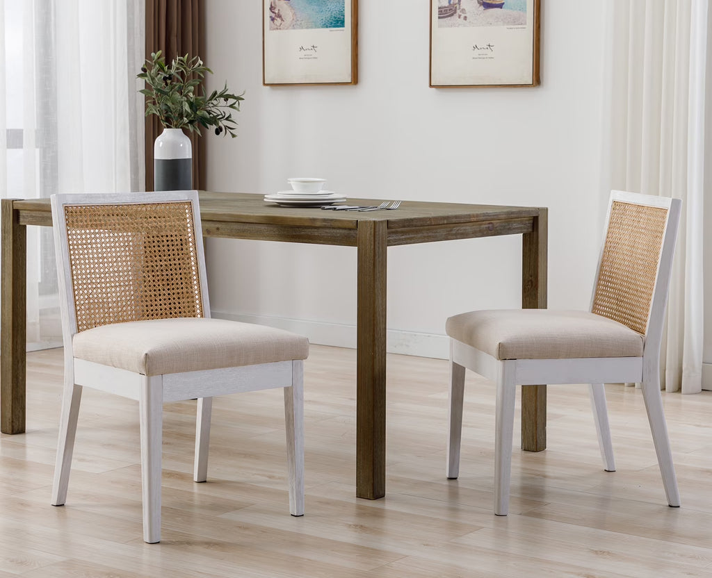 Beige Rattan Dining Chairs Set of 2 with White Hardwood Frame S6188