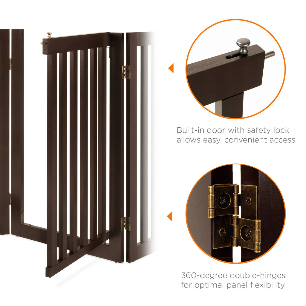 Espresso 4-Panel Freestanding Wooden Pet Gate with Walk Through Door S84487